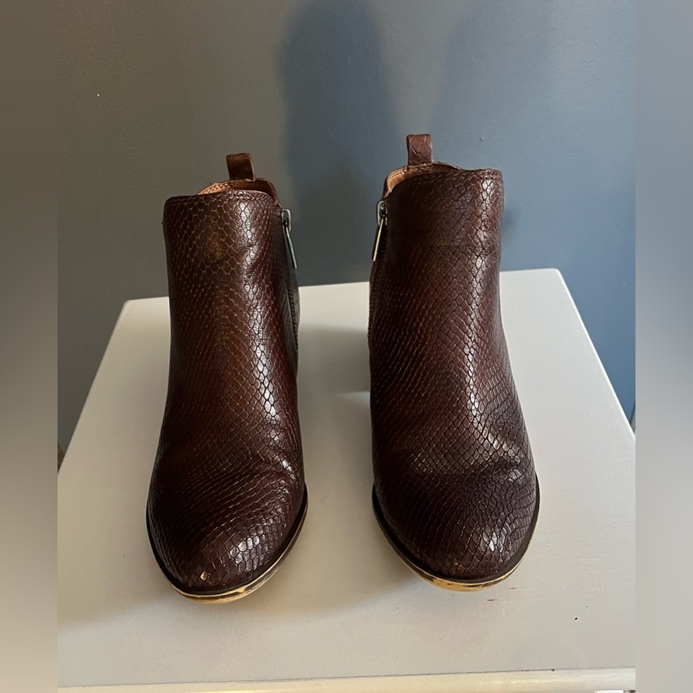 Lucky Brand Basel Roasted Leather Ankle Bootie Boot Faux Snake Brown Sz 8.5M GUC